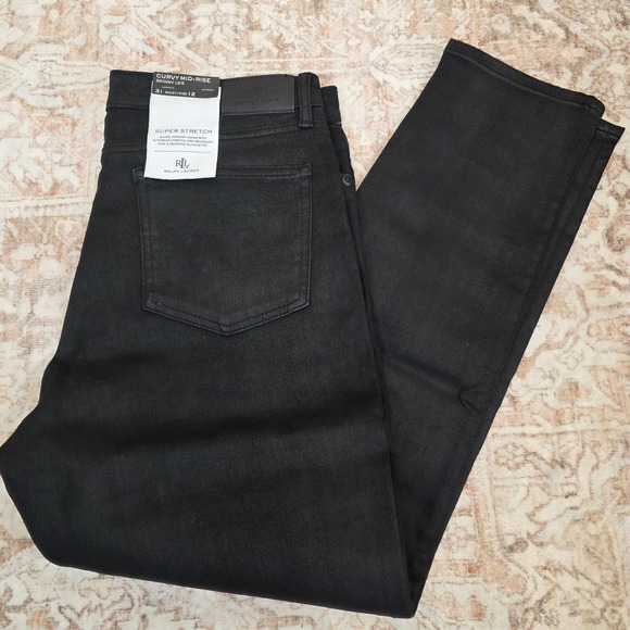 Ralph‎ Lauren NWOT Curvy Midrise Skinny Jeans Super Stretch Black metallic Sz 12 - Picture 1 of 7